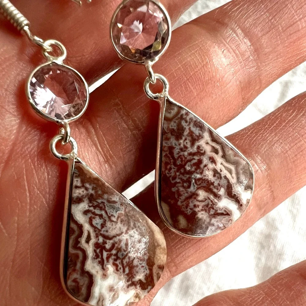 925 Petite Crazy Lace Agate + Morganite Earrings